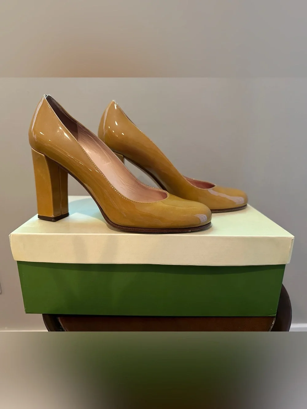 kate spade Kristen Patent Beige Leather Block Heel Pumps - Size 6